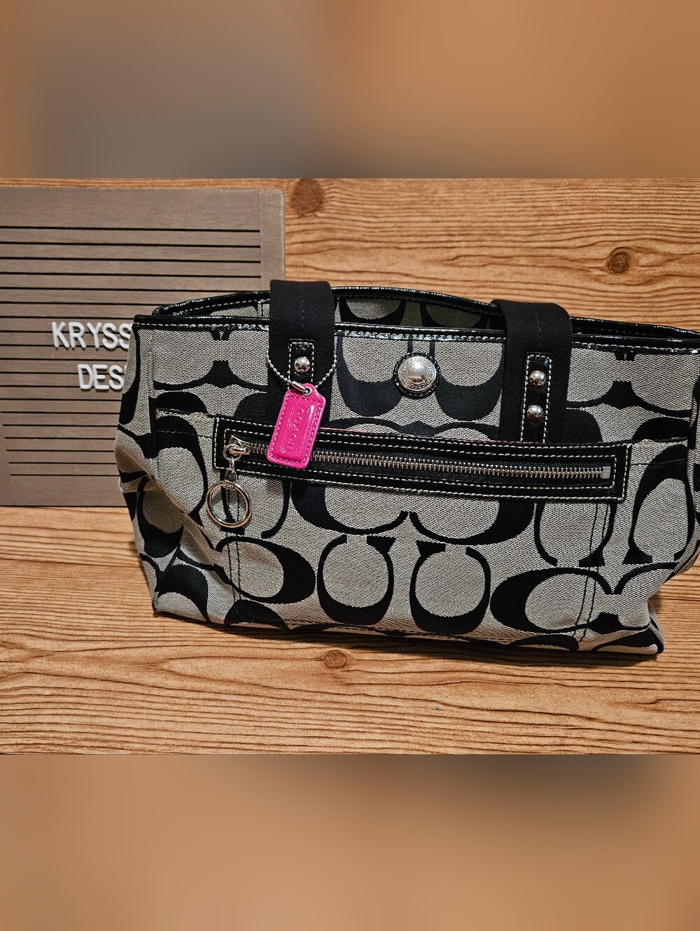 Coach Signature Canvas Tote in Black and Gray with Pink Tag